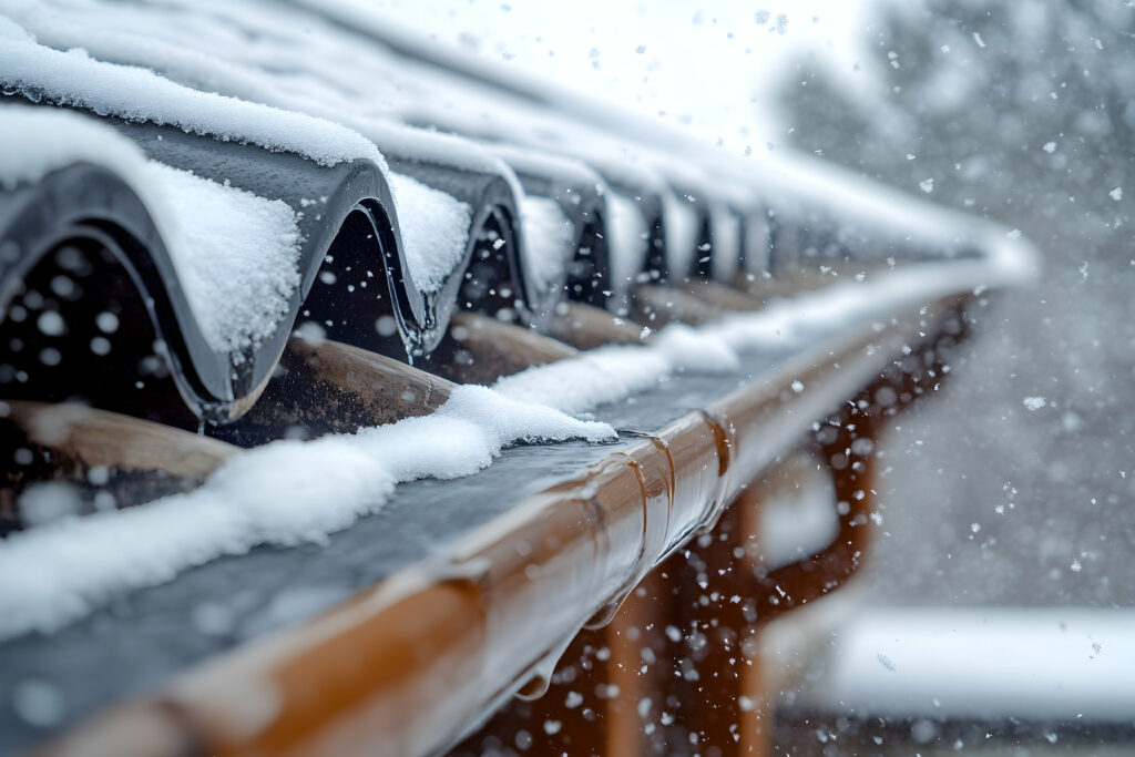 Schnee, der auf ein Dach mit einer Dachrinne fällt