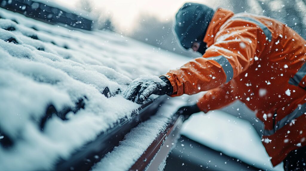 Arbeiter räumt im Winter Schnee von einer Dachrinne