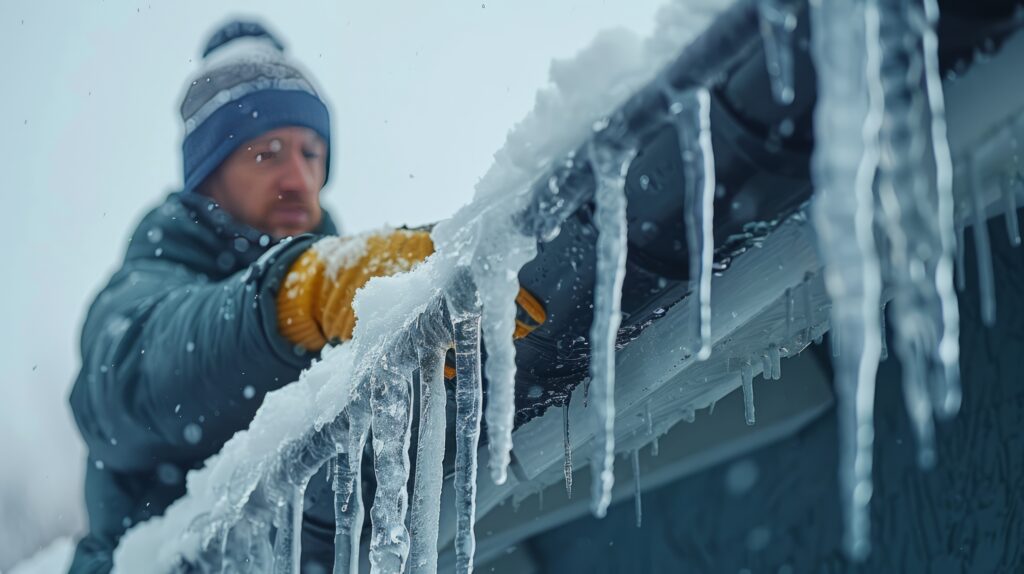 Mann entfernt im Winter Eiszapfen von einem schneebedeckten Dach