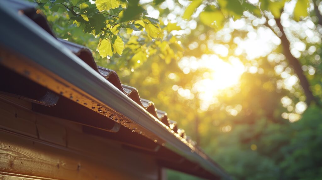 Sonne scheint durchs Blätterdickicht auf ein Dach