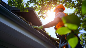 Arbeiter der die Regenrinne auf dem Hausdach reinigt bei hellem Tageslicht entfernt